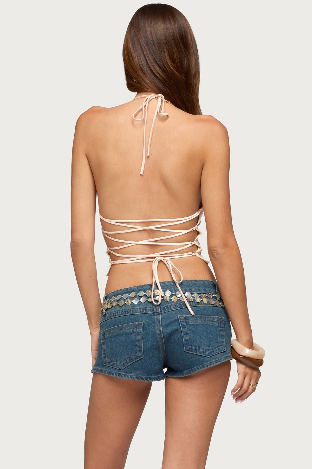 Catia Backless Sequin Mesh Halter Top - Polyester Spandex