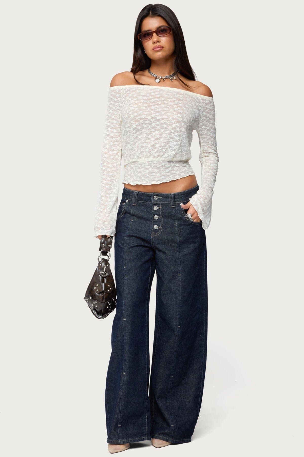 Alef Sheer Lace Off Shoulder Top with Bell Sleeves and Cinched Waist