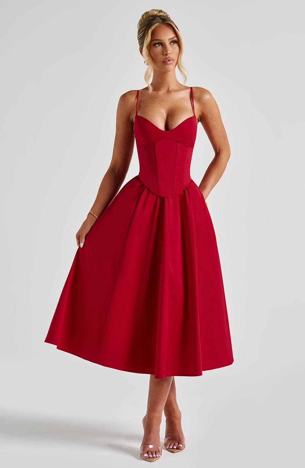 Mariella Midi Dress - Red Cotton Blend Corseted Bodice Full Skirt