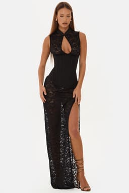 Sedona Sleeveless Lace Maxi Dress High Neck Keyhole Corset Boning High Split