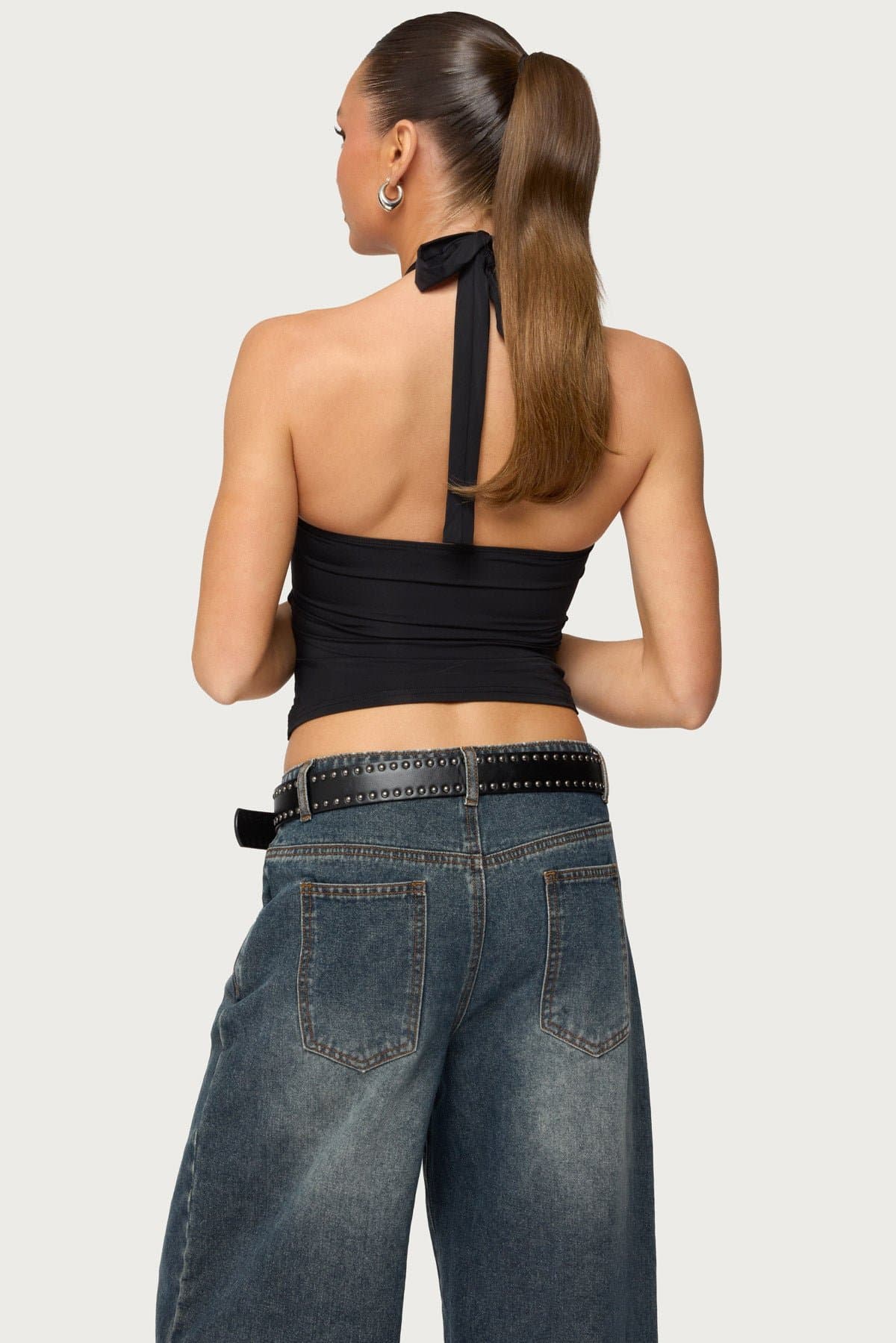 Zola Cutout Beaded Halter Top in Nylon Spandex with Ruched Detailing