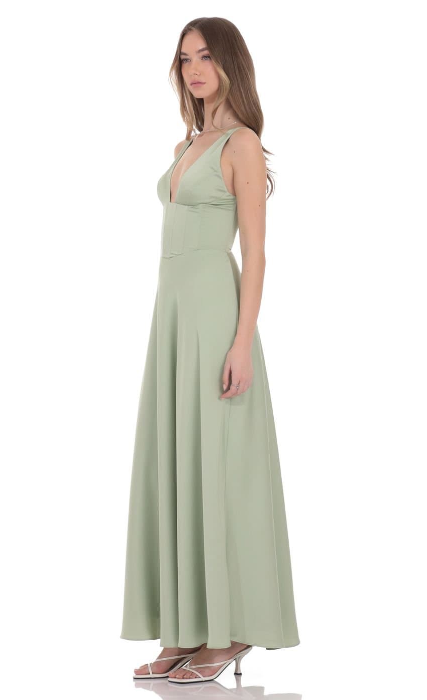 Satin Plunge Neck Corset Maxi Dress in Sage