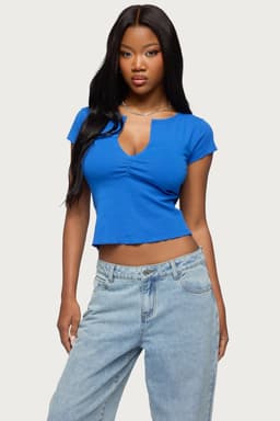 Andria V-Neck Top - Short Sleeve Cotton Spandex with Center Ruching