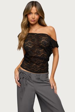 Kessa Sheer Lace Off Shoulder Top - Nylon Spandex Fitted Waist