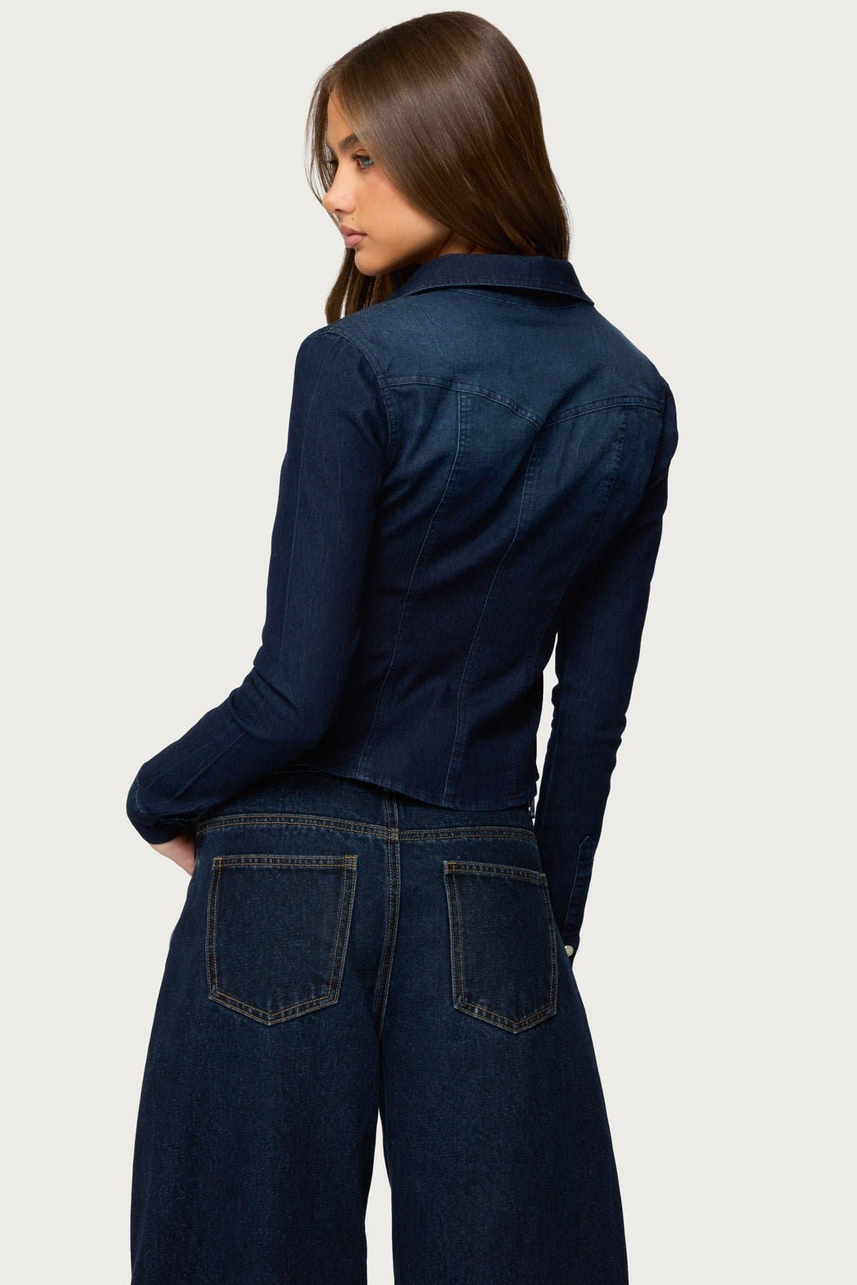 Shylo Stretchy Denim Button Up Shirt Long Sleeve Fitted Cotton Polyester Spandex