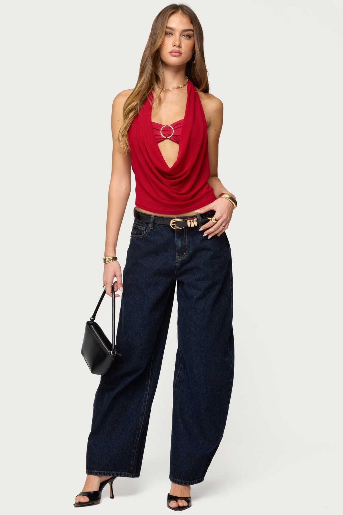 Issey Layered Bandeau Cowl Neck Halter Top in Polyester Spandex