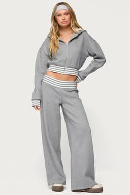Eloura Stripey Wide Leg Sweatpants - Striped Ribbed Waistband, Polyester Cotton Blend, Size S Inseam 32.3"