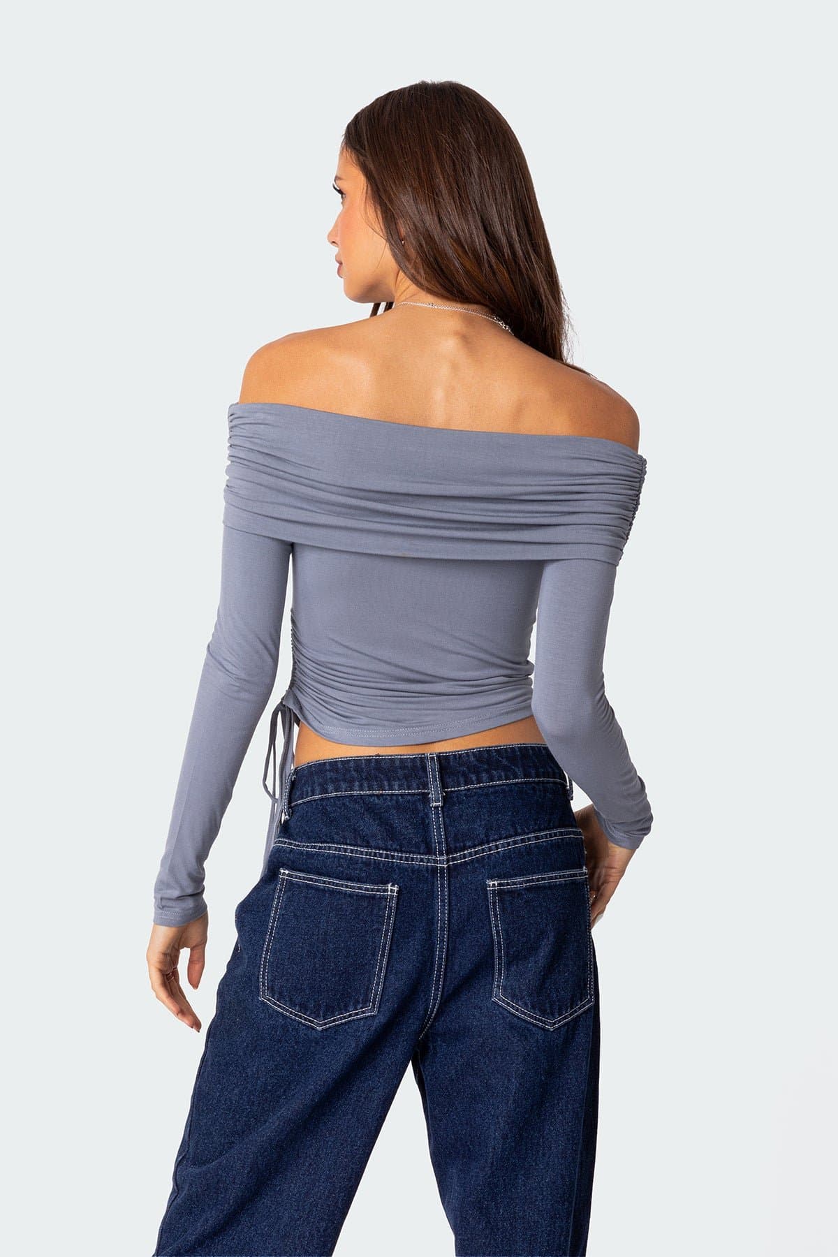 Gathered Fold Over Drawstring Top - Polyester Spandex Adjustable Side Black