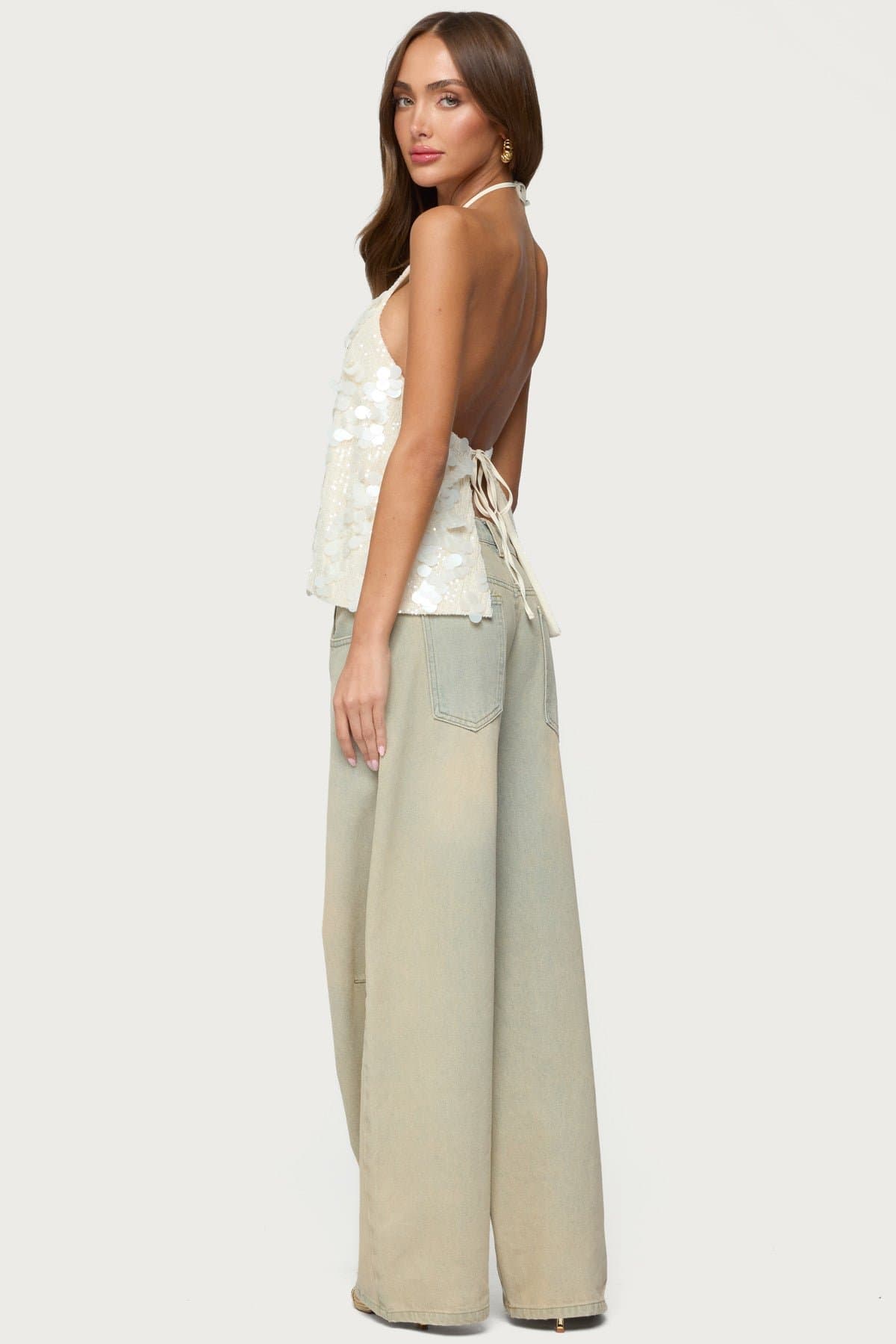 Ellorie Backless Sequin Halter Top - Polyester Spandex, Open Back Neck Tie