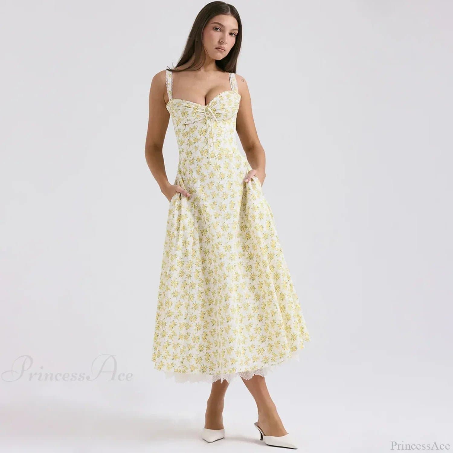 Elegant Floral Print Sleeveless V-Neck Midi Dress - Polyester Fit and Flare