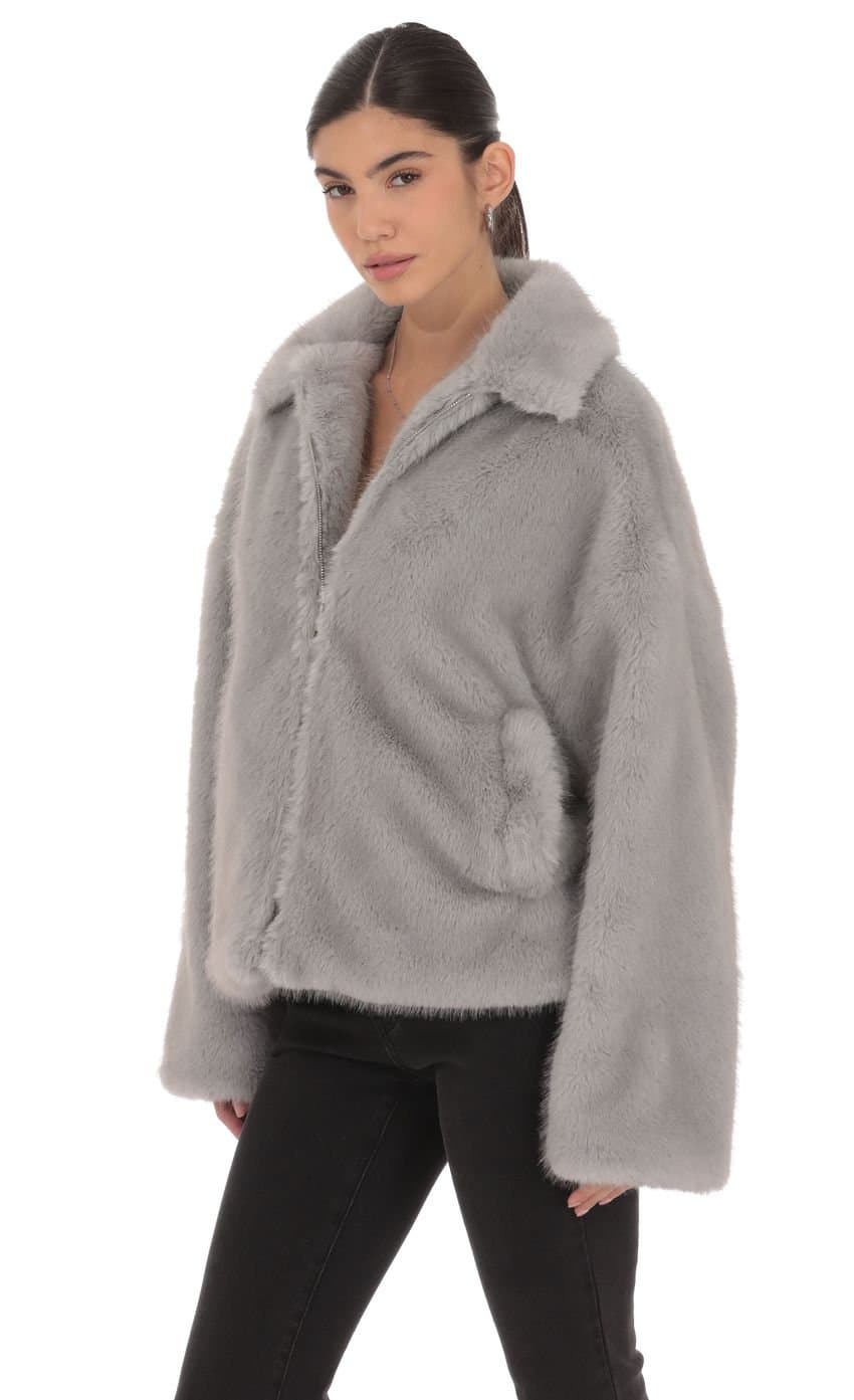 Zip-Up Faux Fur Jacket in Grey