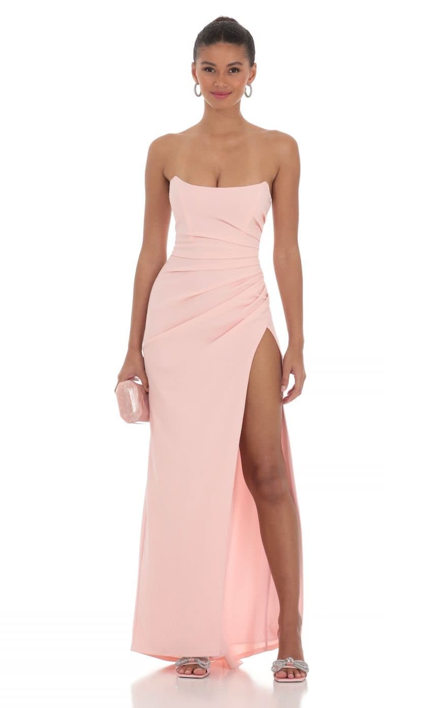Ruched Strapless Corset Maxi Dress in Pink
