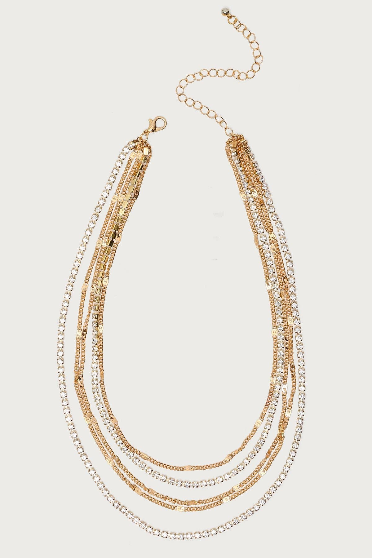 Layered Rhinestone Chain Necklace Gold Tone Adjustable 13.3-16.5 Inches