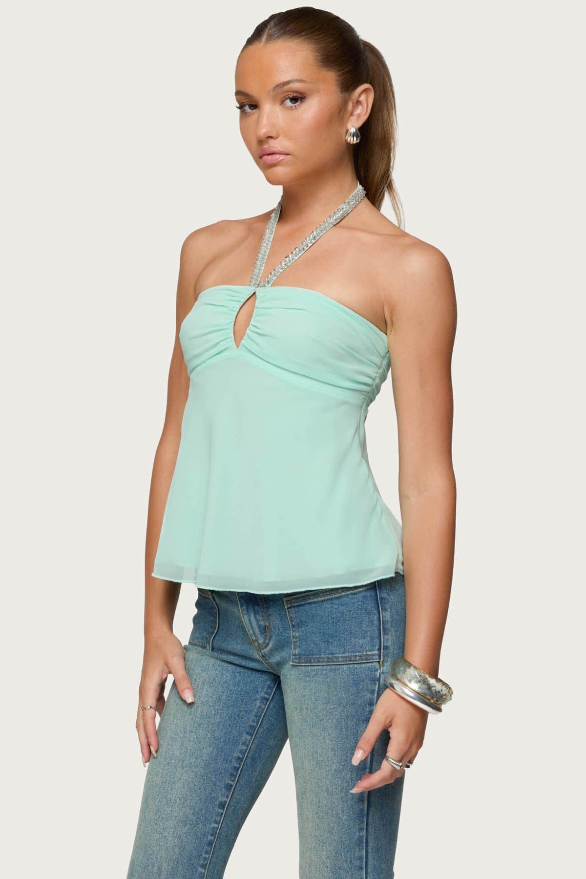 Sequin Chiffon Keyhole Halter Top with Smocked Back and Ruched Bust