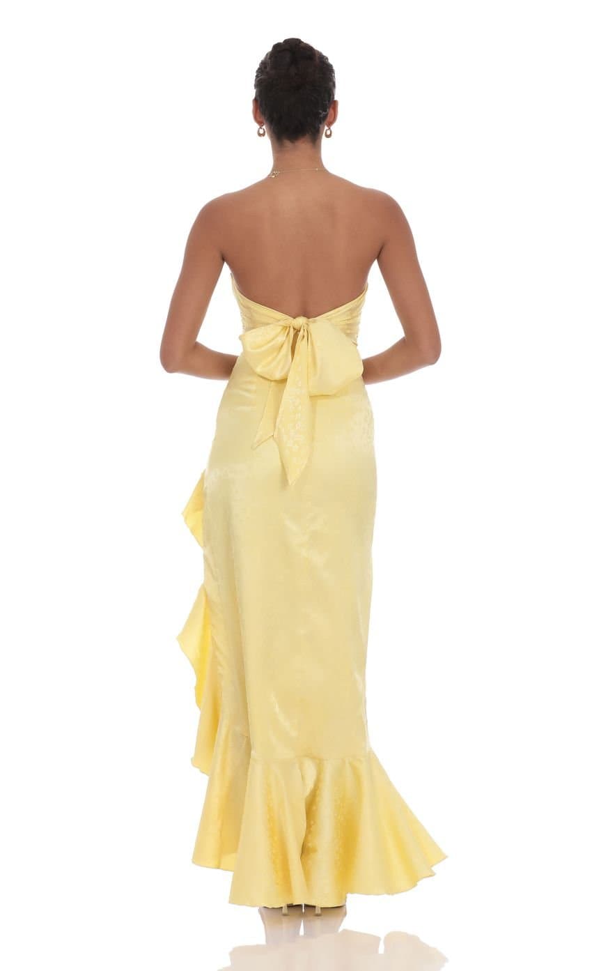 Satin Jacquard Back Bow Corset Maxi Dress in Yellow