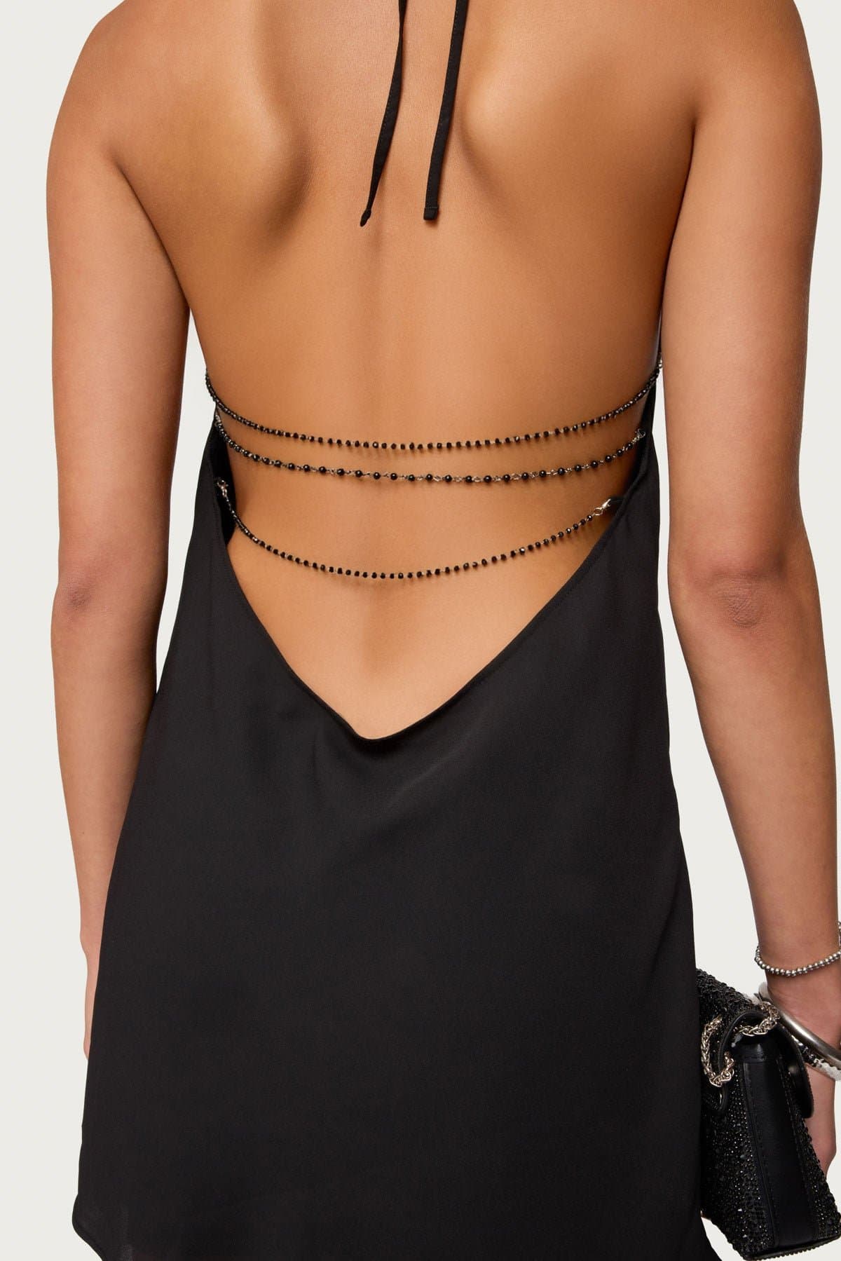 Bead Backless Cowl Neck Mini Dress - Halter Tie Polyester S-Mini