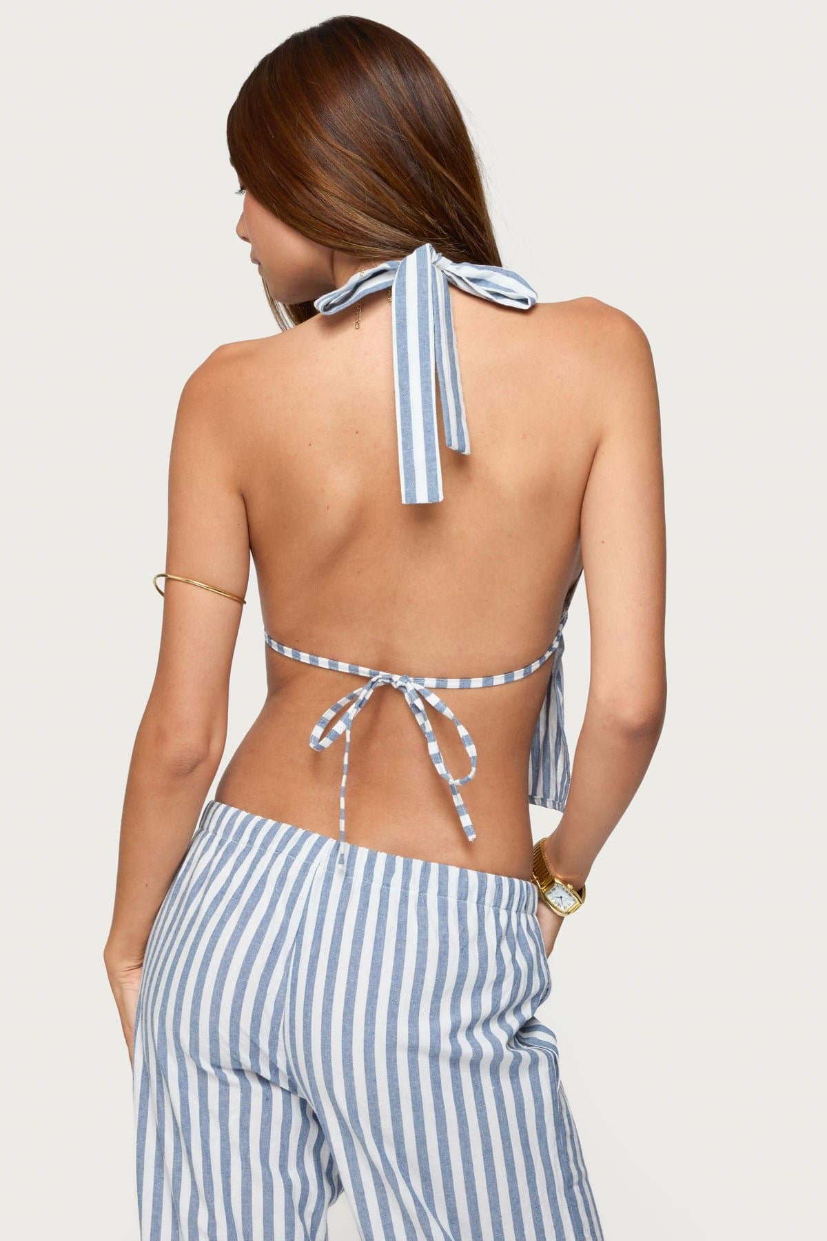 Macey Striped Split Front Backless Halter Top - Cotton Polyester