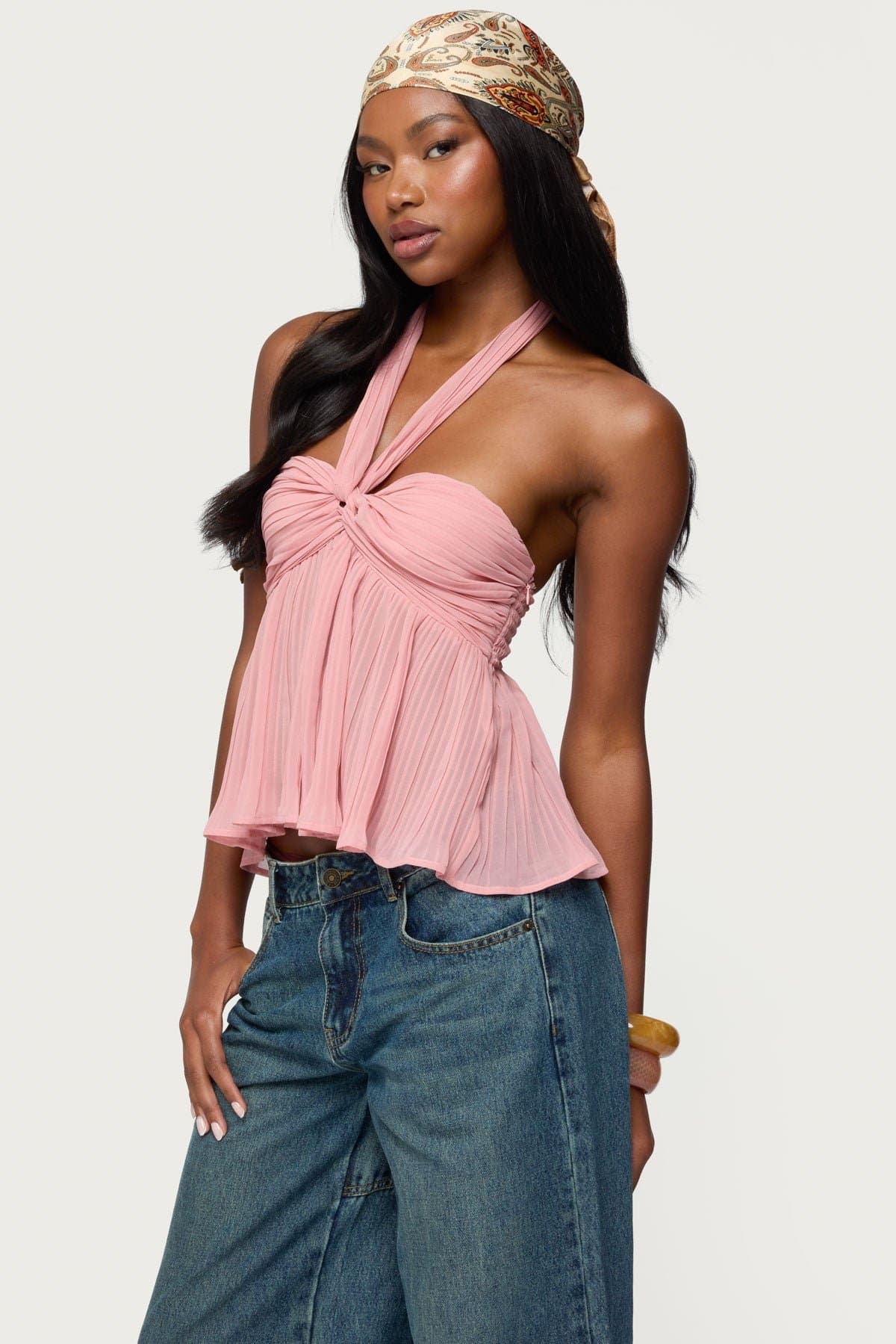 Pleated Chiffon Babydoll Halter Top - Twist Front Neck Tie Polyester