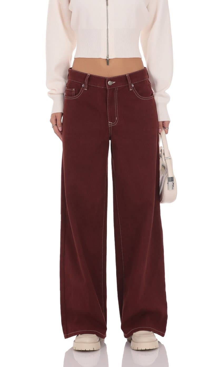 Mid Rise Wide Leg Jeans in Burgundy