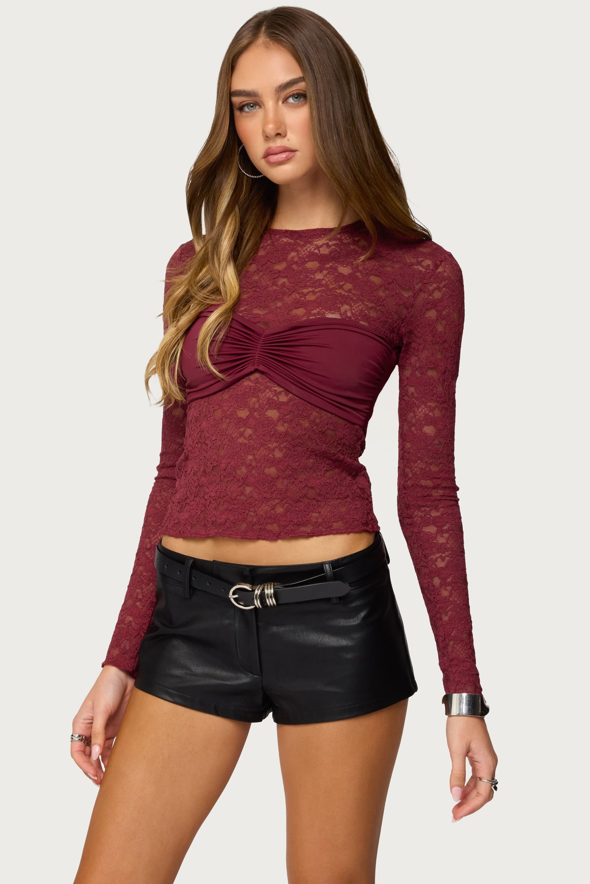 Rosette Bandeau Sheer Lace Top - Long Sleeve Polyester Spandex Lined Bust