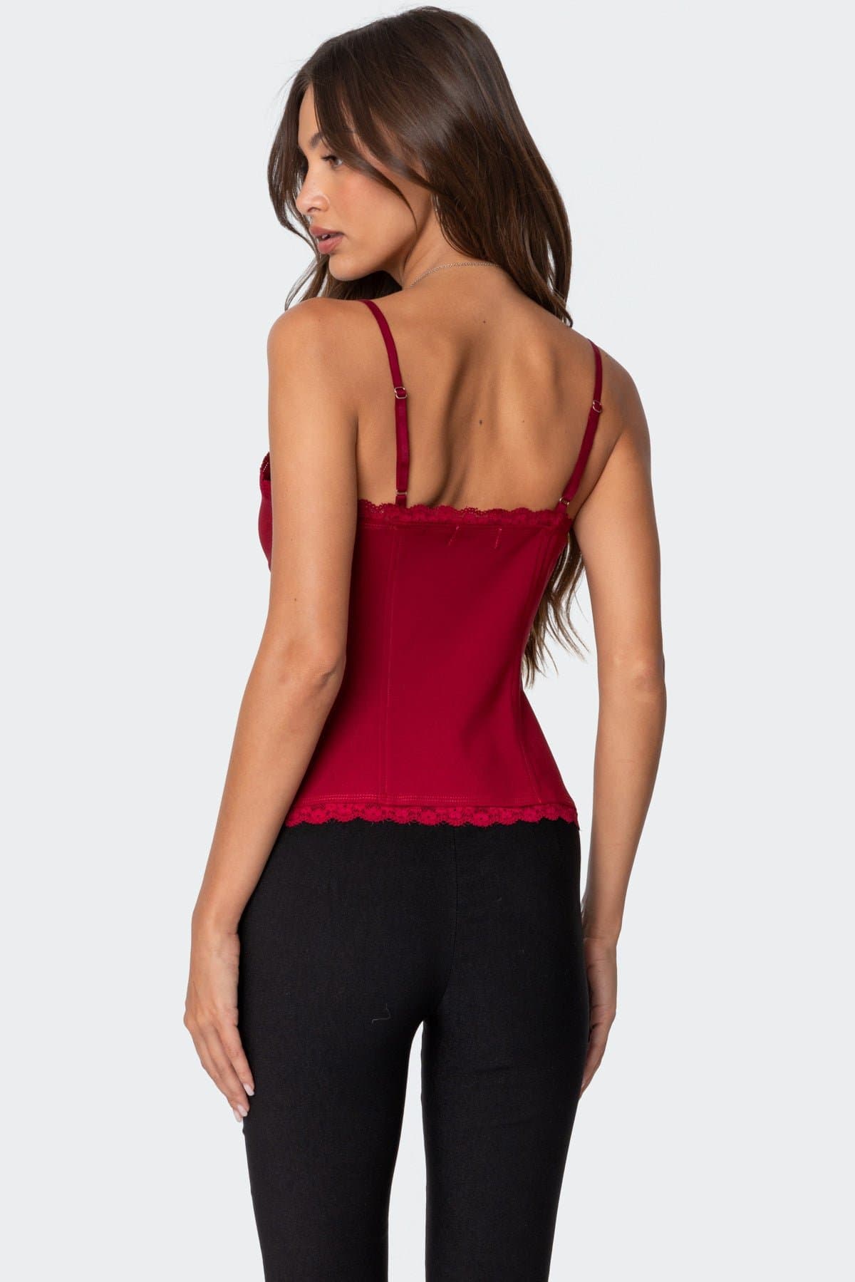 Crimson Lacey Split Front Top with Adjustable Straps and Lace Trim
