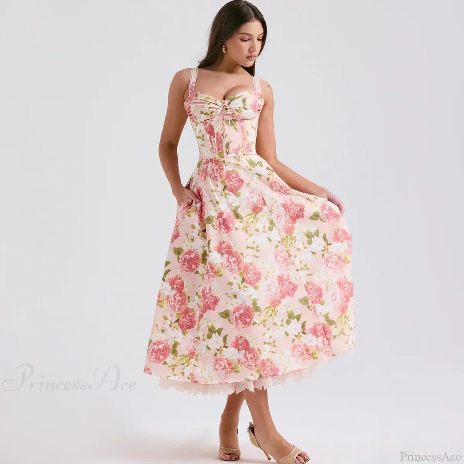 Elegant Floral Print Sleeveless V-Neck Midi Dress - Polyester Fit and Flare