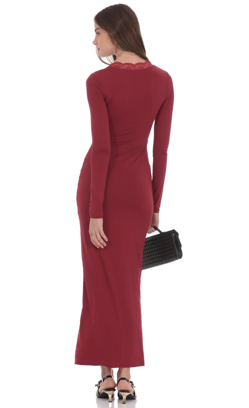 Long Sleeve Lace Trim Maxi Dress in Maroon