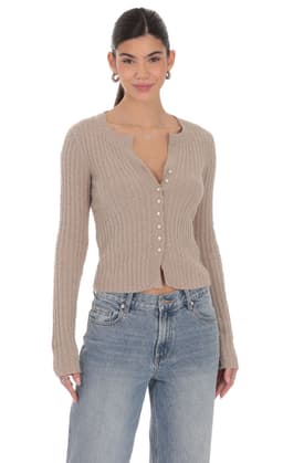 Ribbed Knit Cardigan in Light Brown