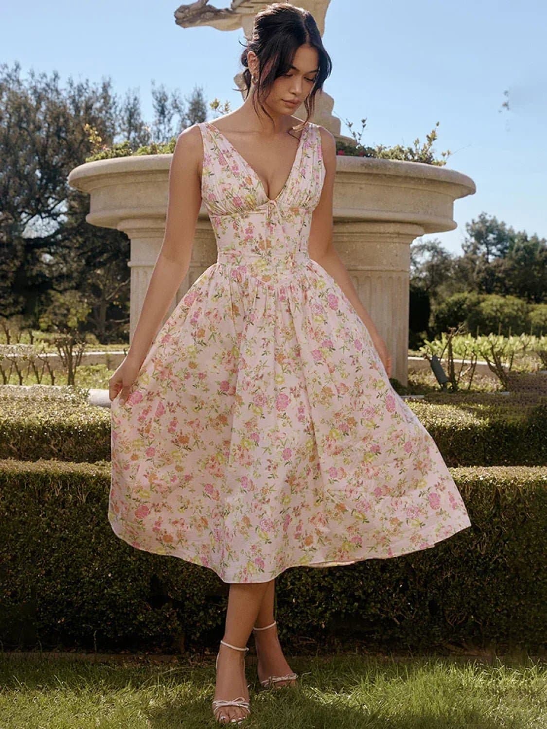 Waist Wrap Spaghetti Strap Floral Print A-Line Dress