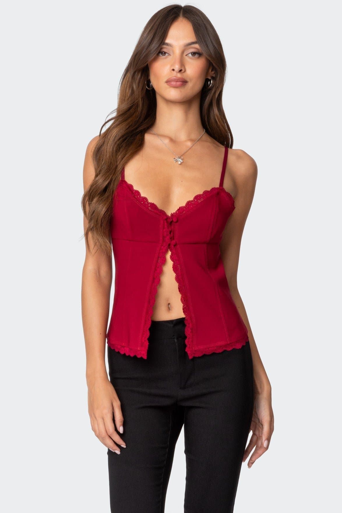 Crimson Lacey Split Front Top with Adjustable Straps and Lace Trim