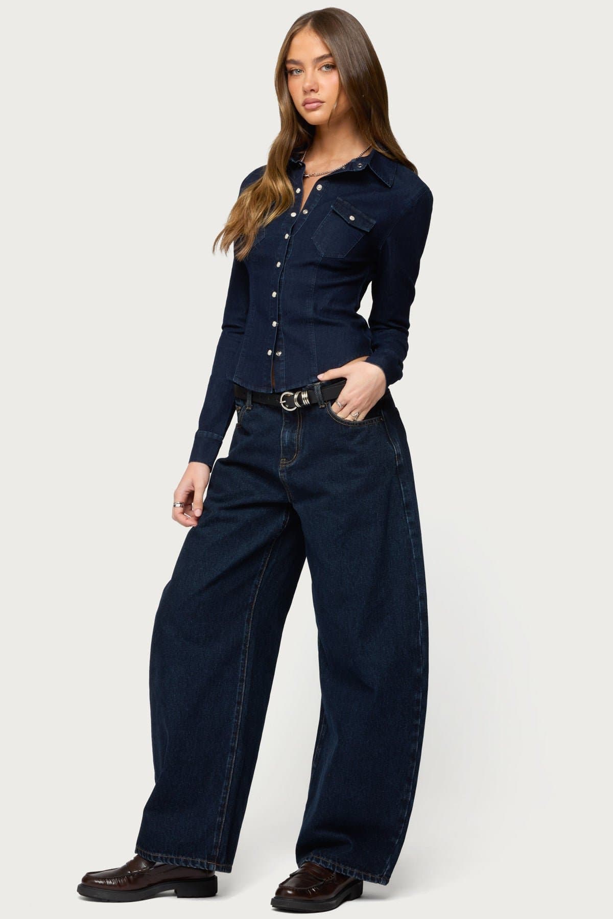 Shylo Stretchy Denim Button Up Shirt Long Sleeve Fitted Cotton Polyester Spandex