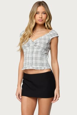 Dolsy Plaid Button Up Top - Wide V Neck, Short Puff Sleeves, Cotton Polyester
