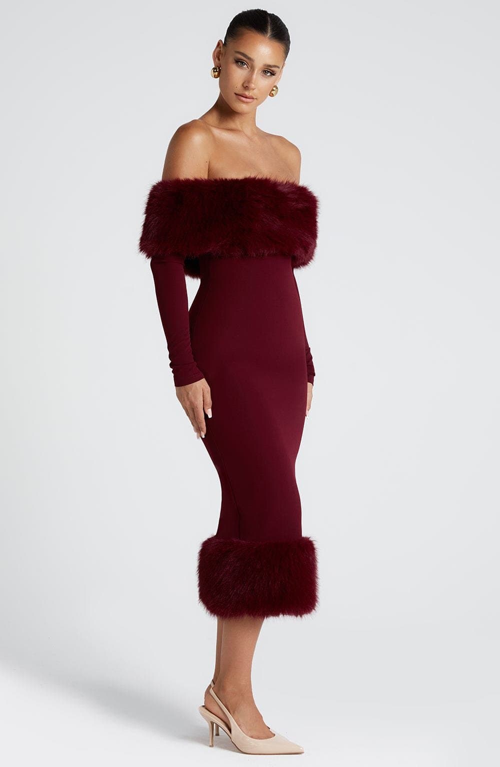 Vittoria Midi Dress in Wine - Stretch Crepe Bardot Neckline Long Sleeve