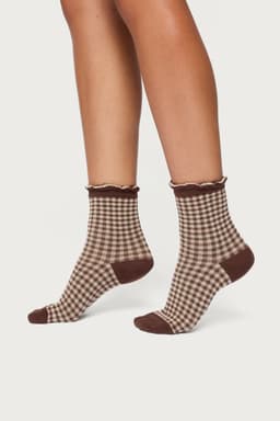 Frilled Gingham Socks - Cotton Polyester Spandex Blend, 10.2 Inch Length