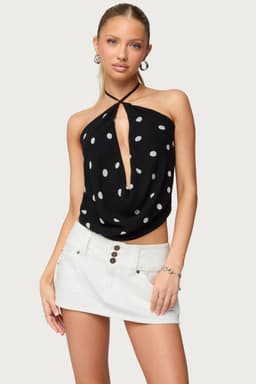 Chiffon Backless Cowl Neck Top with Polka Dot Print Halter Neck