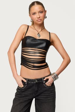 Nia Cutout Shredded Faux Leather Top with Adjustable Straps & Sweetheart Neckline