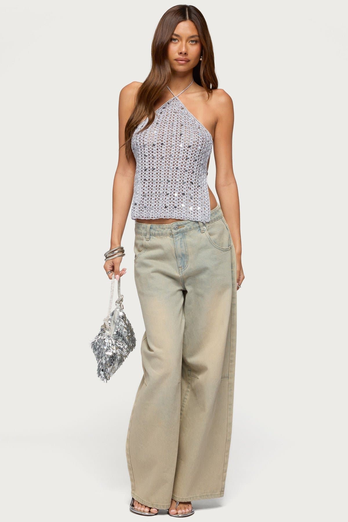 Thaly Backless Sequin Crochet Halter Top - Polyester