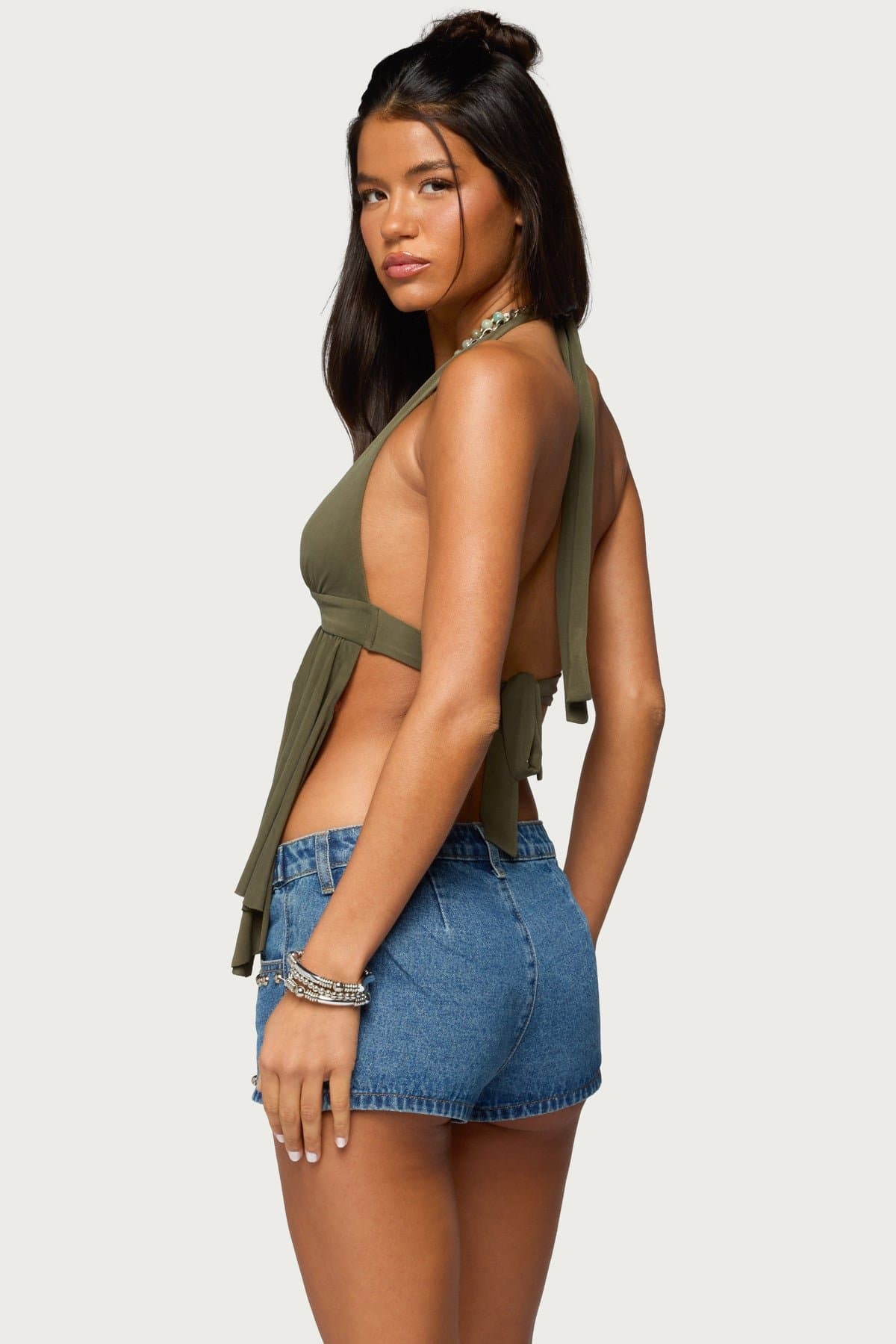 Skye Backless Split Front Halter Top - Rayon Polyester Asymmetric Hem