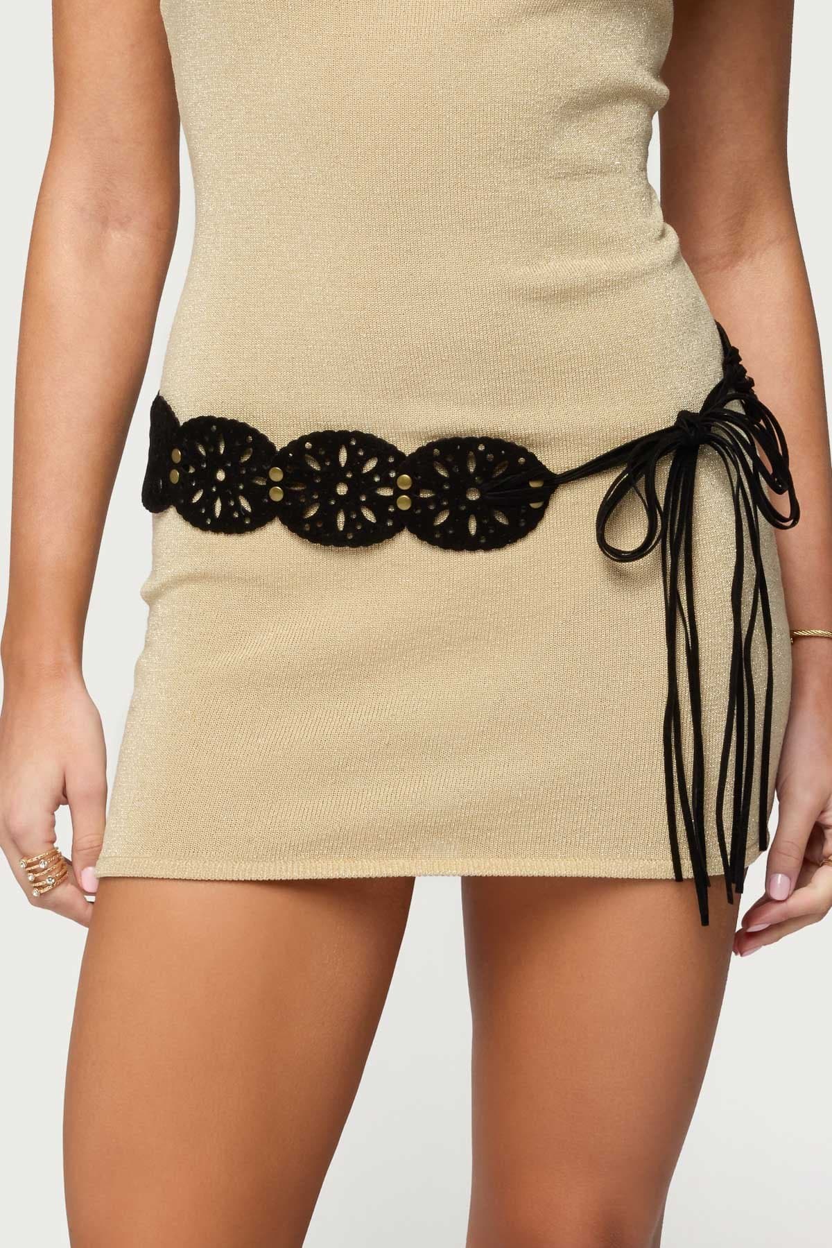 Studded Faux Suede Tie Belt with Gold Tone Metal, Polyester, 70.9 Inch Length