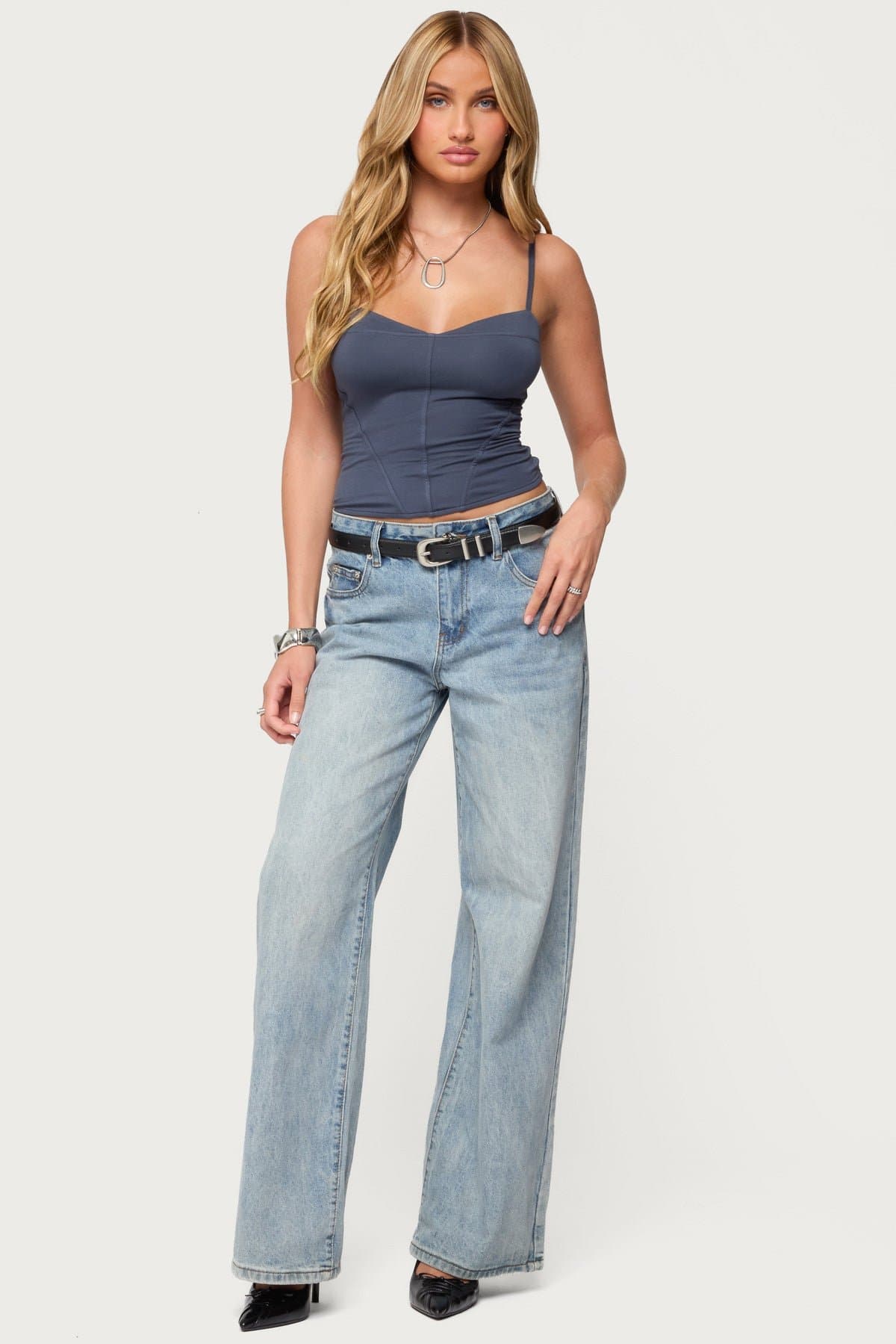 Katanya Lace Up Top - Adjustable Straps V Neck Boned Rayon Spandex