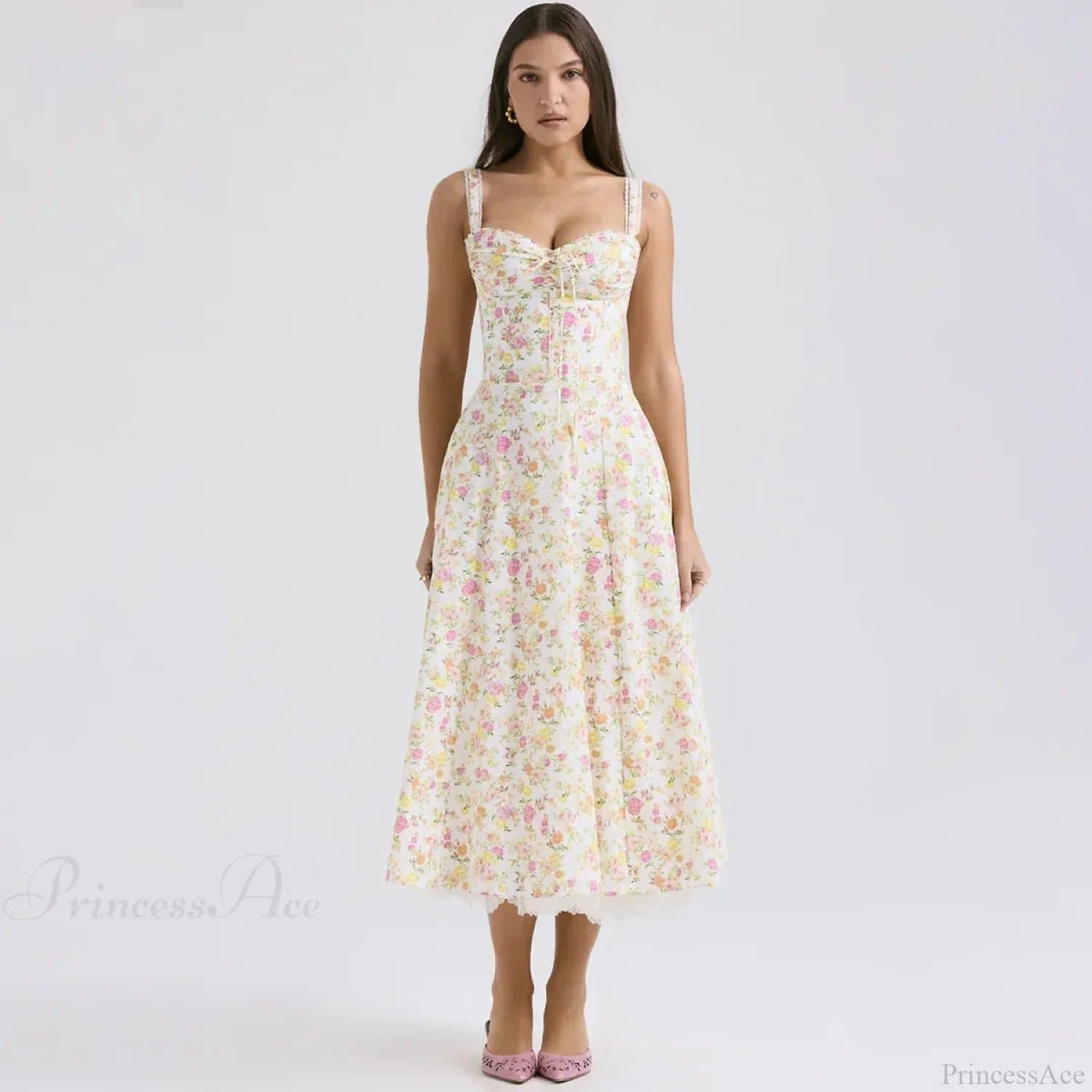 Elegant Floral Print Sleeveless V-Neck Midi Dress - Polyester Fit and Flare