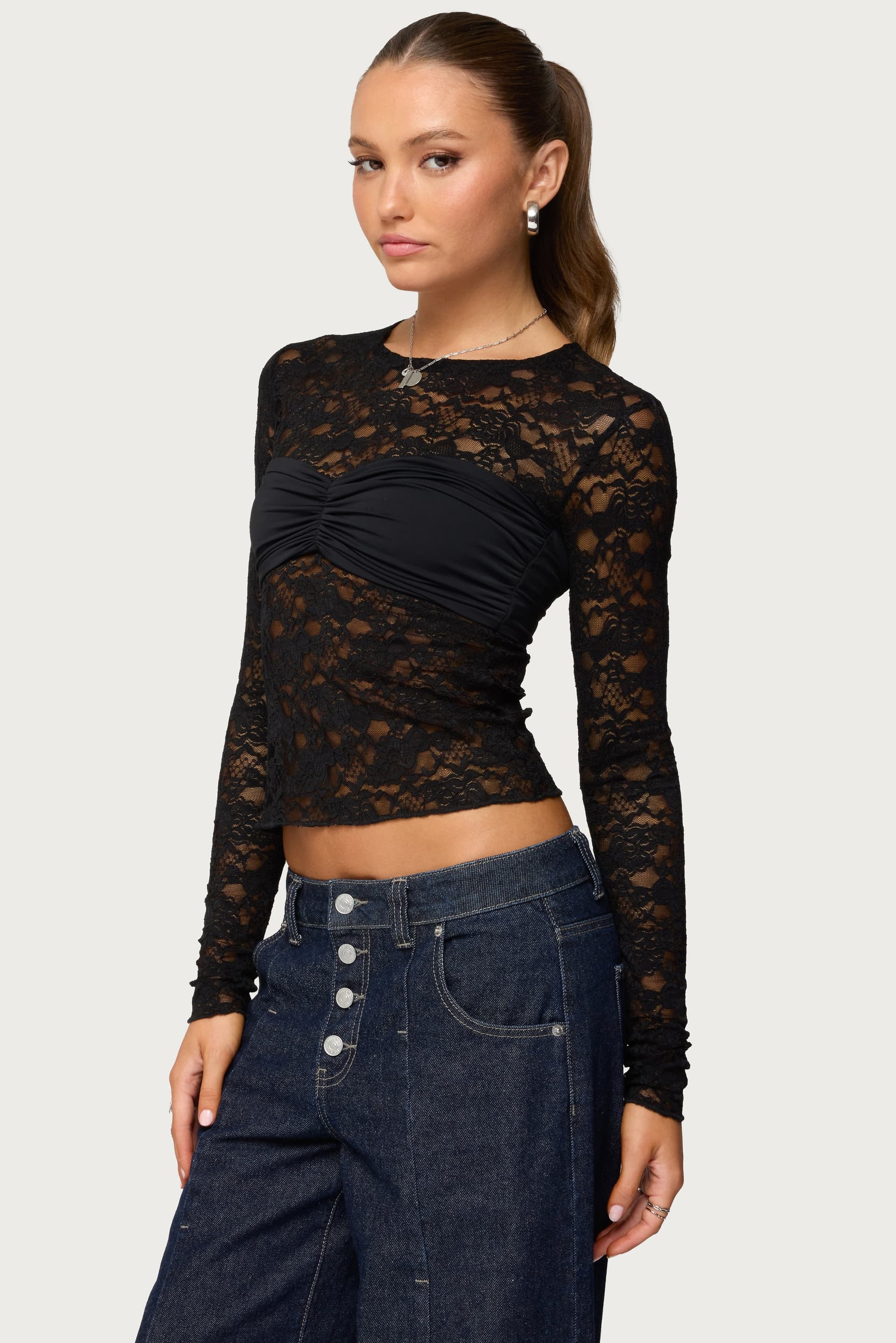 Rosette Bandeau Sheer Lace Top - Long Sleeve Polyester Spandex
