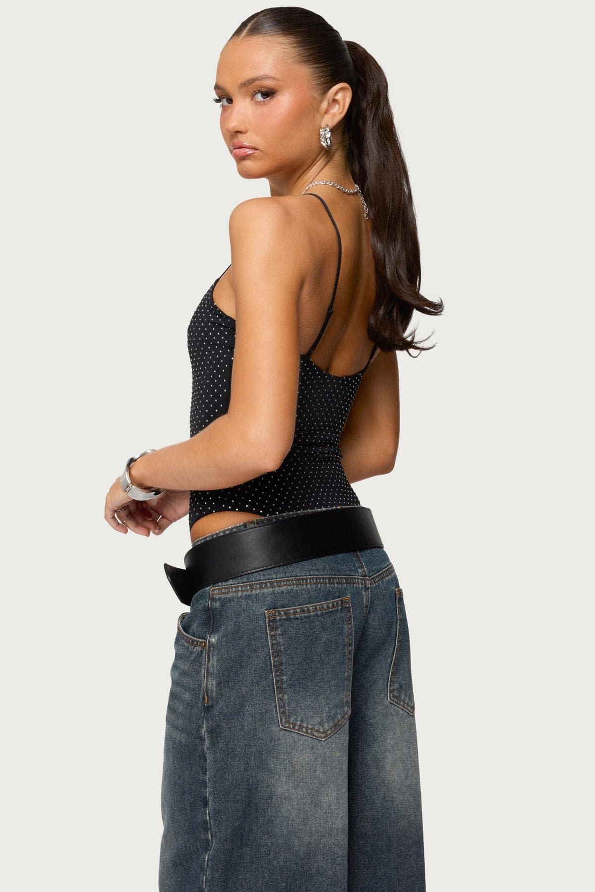 Georgey Rhinestone Bodysuit - Adjustable Straps, Nylon Spandex Fabric