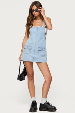 Overall Denim Mini Dress with Adjustable Straps and Pockets 100% Cotton