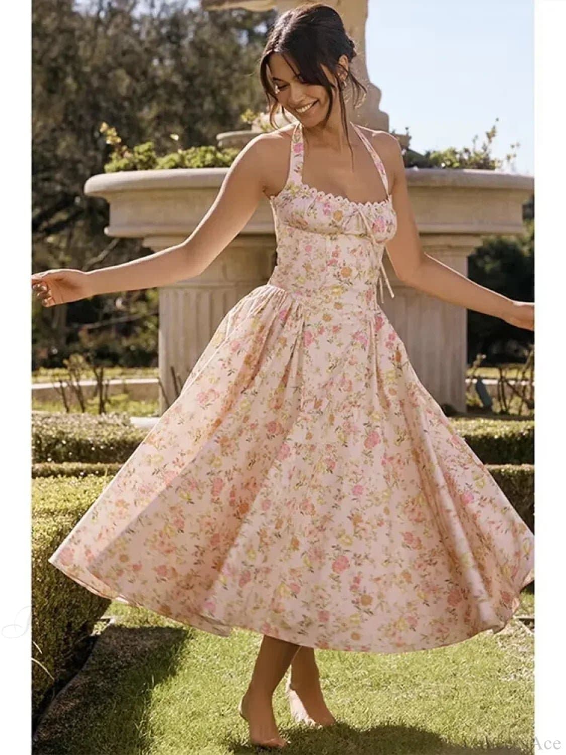 Waist Wrap Spaghetti Strap Floral Print A-Line Dress