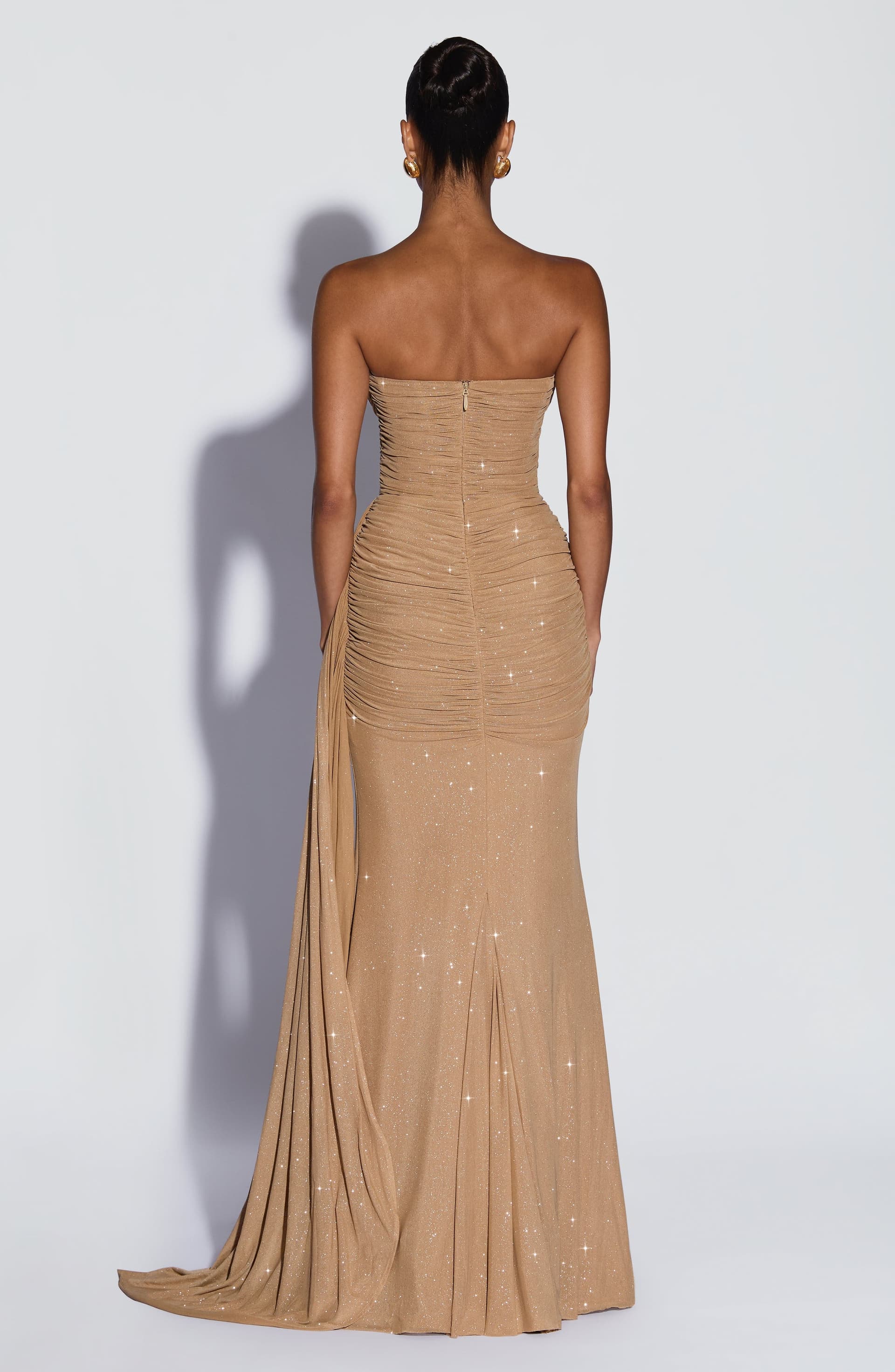 Ashika Maxi Dress Gold Sparkle Glitter Mesh Strapless Plunge Neckline