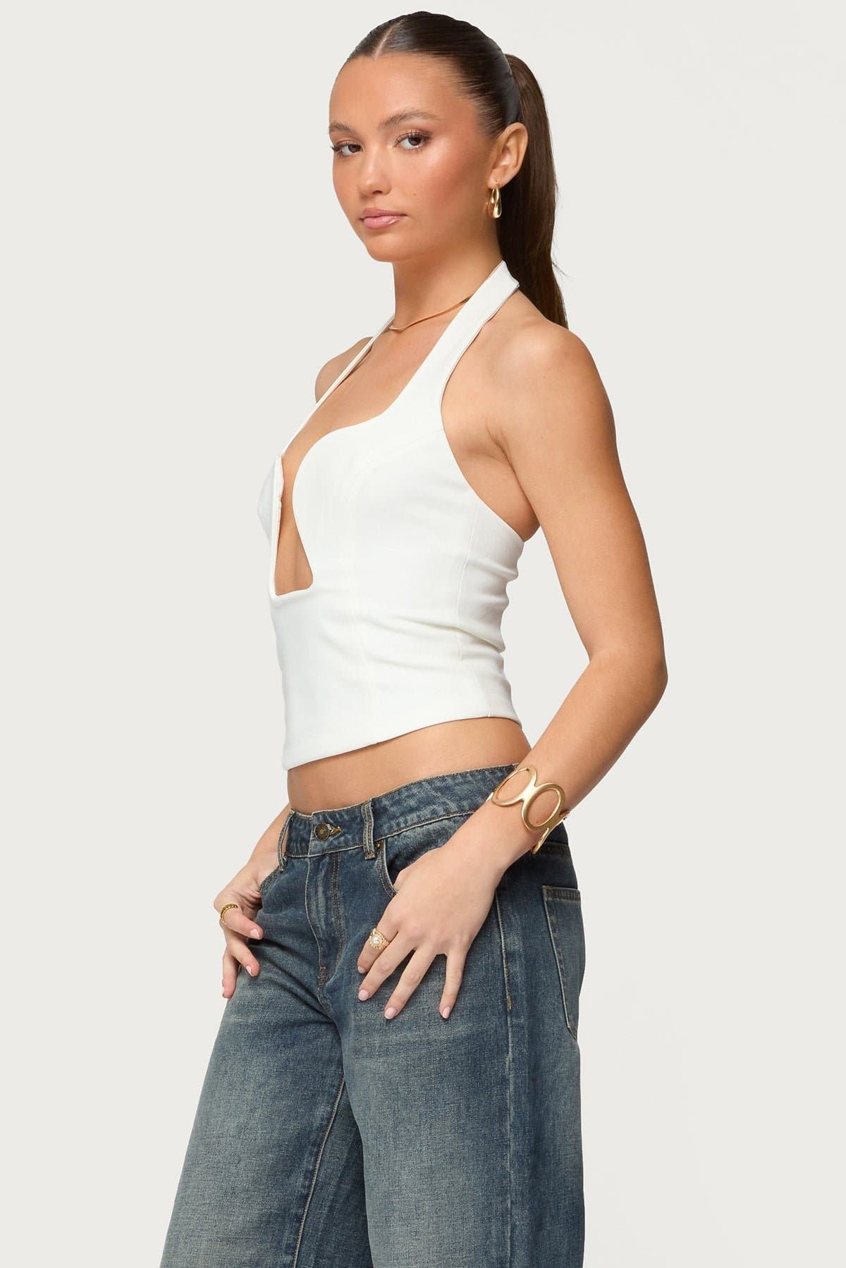 Stassy Abstract Cutout Halter Top - Polyester Spandex Back Zip Closure