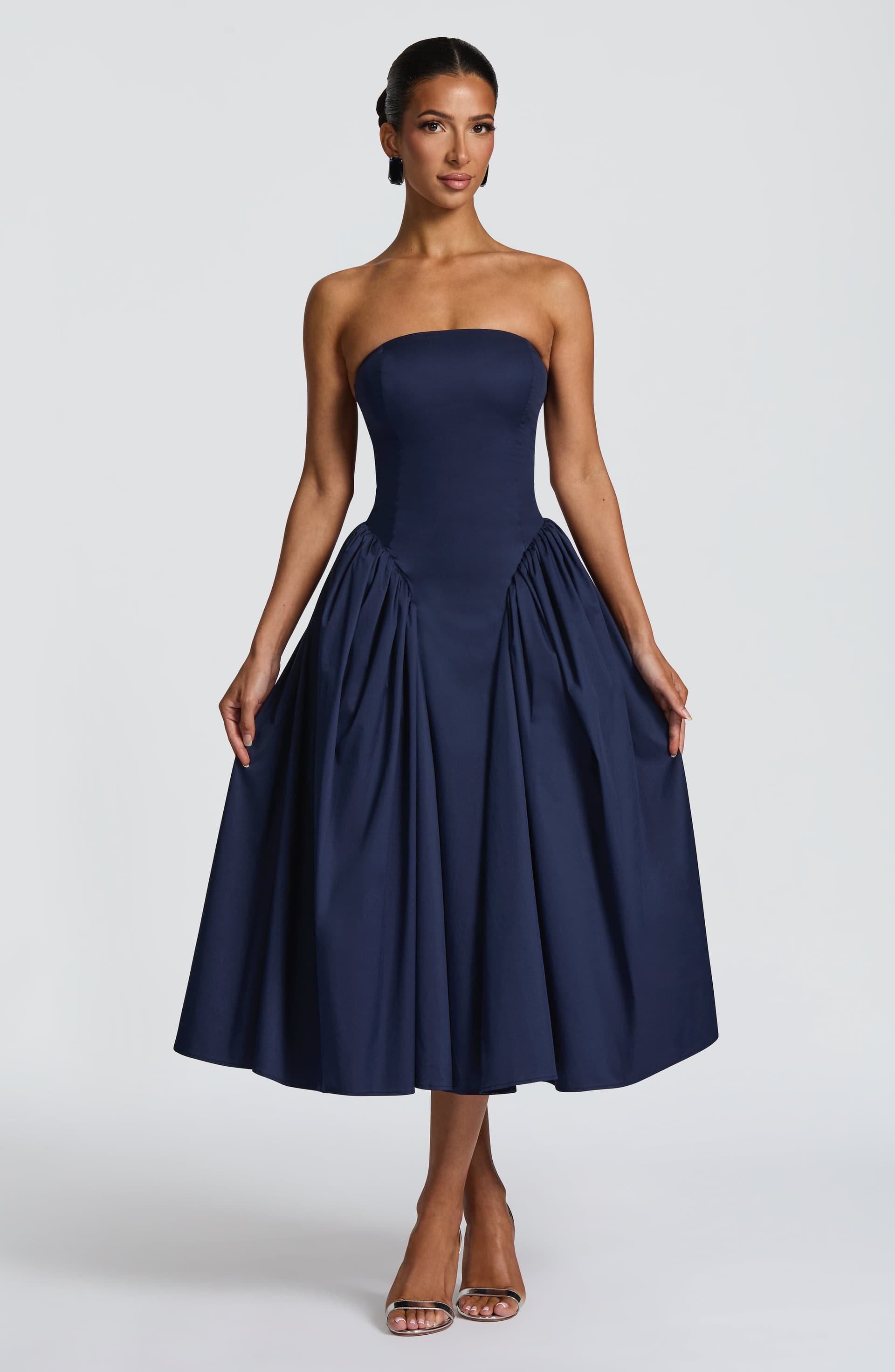 Darla Midi Dress - Navy Strapless Boned Bodice Full Skirt