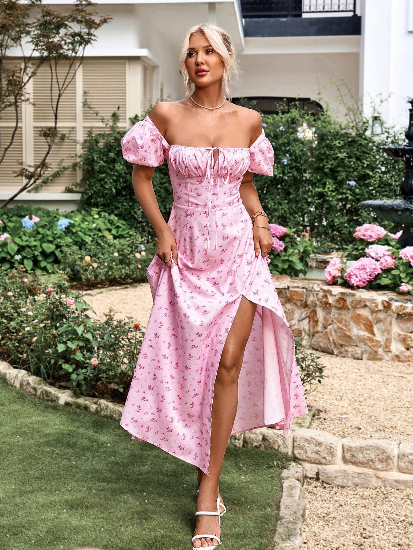 Puff Sleeve High Split Floral Print Dress