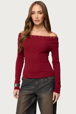 Rebekka Grommet Off Shoulder Long Sleeve Top - Polyester Rayon Spandex